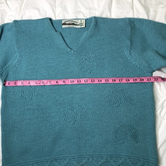 Aran Crafts Ireland Teal 100% Merino Wool Clover Knit Sweater - Picture 7 of 7